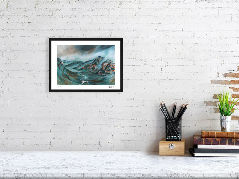 Thumbnail: River Oykel & Ben More Painting. Scottish Highlands impressionist mountain landscape painting. Limited edition fine art print