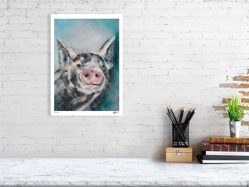 Thumbnail: expressive impressionist close up painting of pig or piglet. broad textured brushstrokes. country animal paintings print