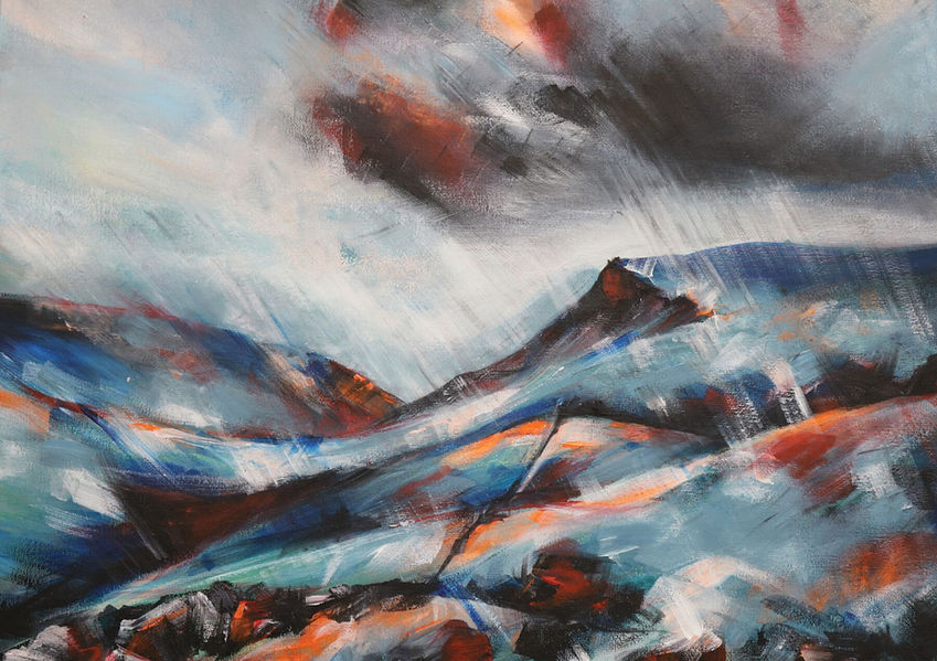 The view from Great Calva on The Bob Graham Round as the storm approaches from Skiddaw.  Acrylic on canvas modern impressionist painting with the fells in deep blues and reds and the stormy sky bringing grey black and red clouds. The  elements captured in bold brushstrokes streaks of rain falling across the canvas. 