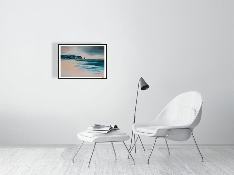 Thumbnail: Expressive painting of the turquoise sea washing onto the peach orange sands of Sandwood Bay, Scotland. Limited prints