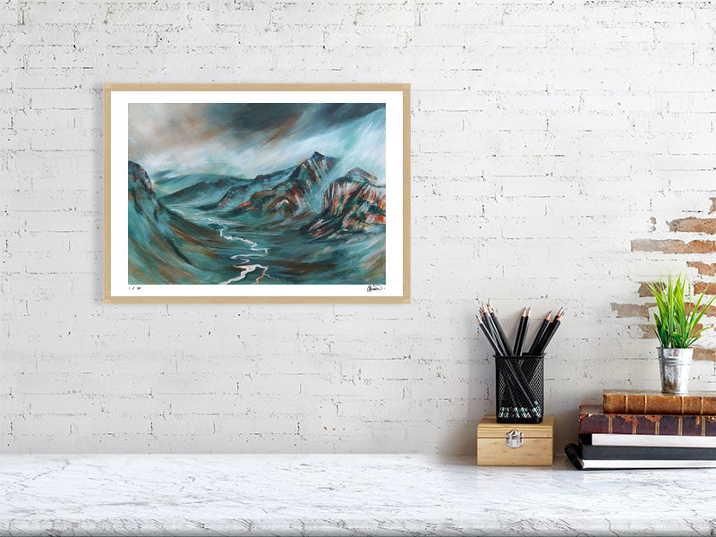 Thumbnail: River Oykel & Ben More Painting. Scottish Highlands impressionist mountain landscape painting. Limited edition fine art print