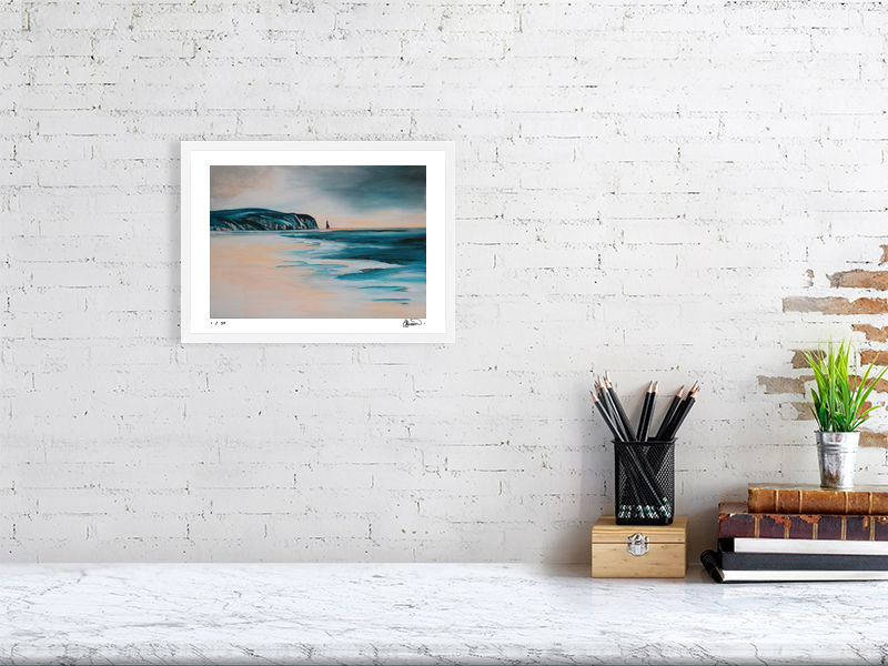 Thumbnail: Expressive painting of the turquoise sea washing onto the peach orange sands of Sandwood Bay, Scotland. Limited prints