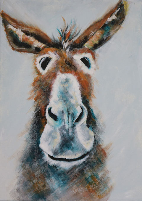 Impressionist acrylic on canvas painting of a donkey's head and face