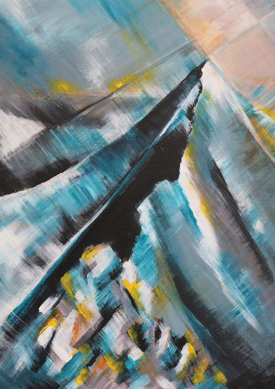 Contemporary impressionist Lake District painting of the view to the summit of Helvellyn fell from Striding Edge. Broad brushstrokes and texture in turquoise blue, orange and white. 