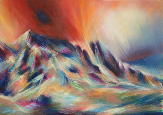 Contemporary impressionist Lake District painting of Scafell Pike fell. Broad textured brushstrokes in reds, oranges and purple.