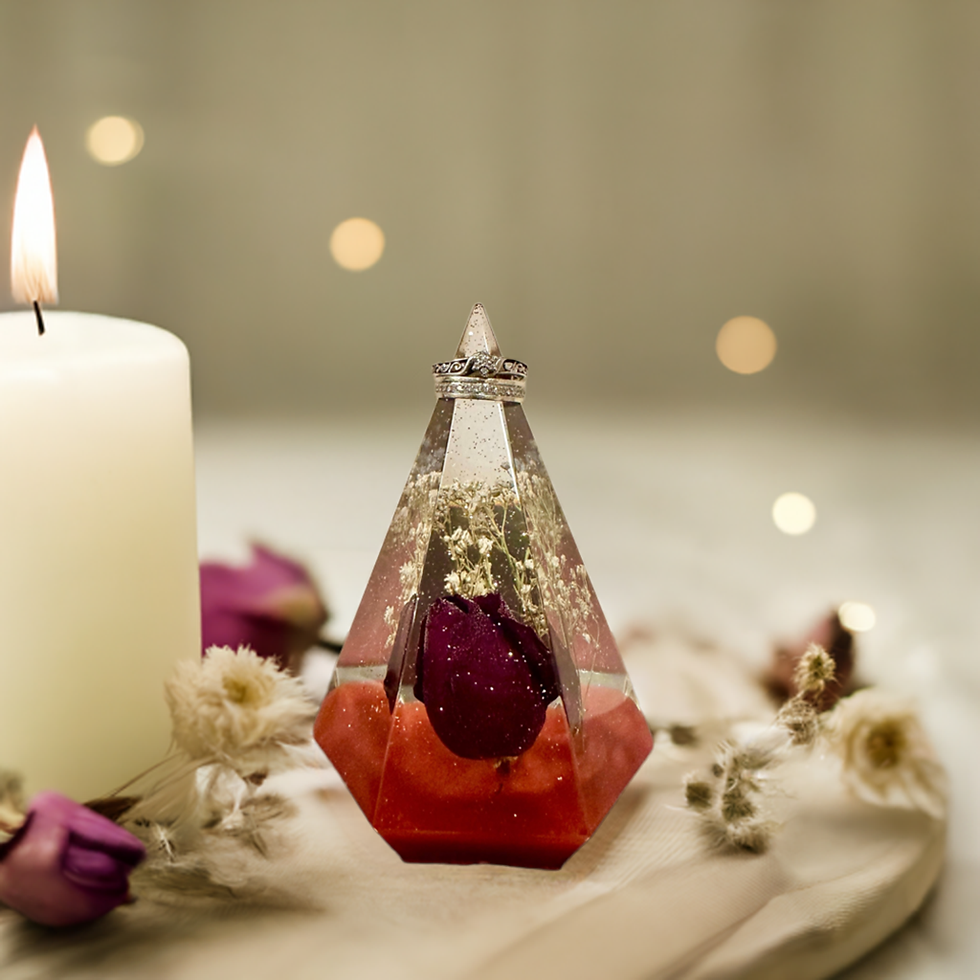 Thumbnail: Large Geometric Jewellery Holder Red Rose & Baby's Breath with Red Base Surrounded by Dried White Flowers and a Pillar Candle