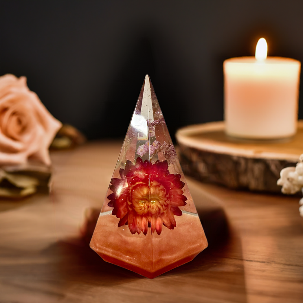 Thumbnail: Large Geometric Jewellery Holder Red Strawflower & Red/Orange Base Surrounded by Candle & Peach Rose
