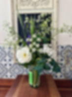 Jam Jar Posy of White Themed Flowers, Roses, Ammi & Grasses on kitchen counter
