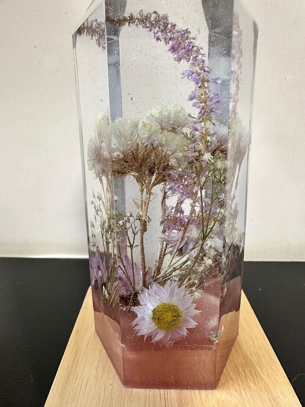 Thumbnail: Dusky Pink Crystal Obelisk Tower with Flowers Close Up with LED Base