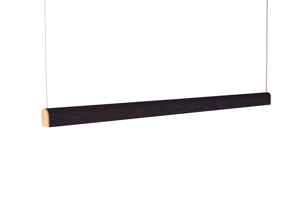 Thumbnail: Elegant Tunto Curve black pendant light with gold end caps with visible wood grain.