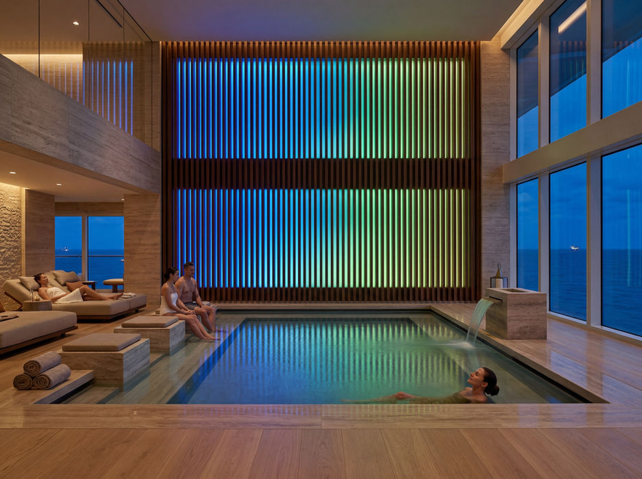 Luxury indoor pool area featuring a vertical architectural light and media surface system with a rainbow gradient ambient glow