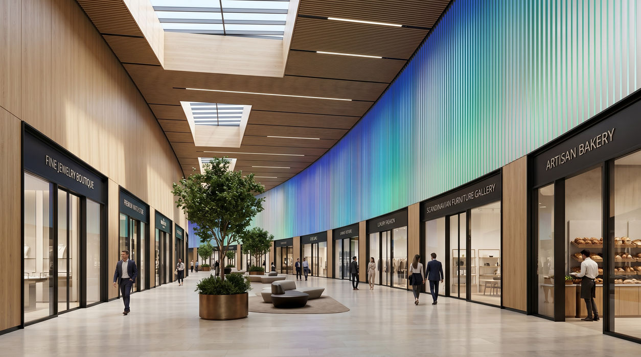 Retail corridor with shop entrances and a soft gradient architectural light and media surface system wall.