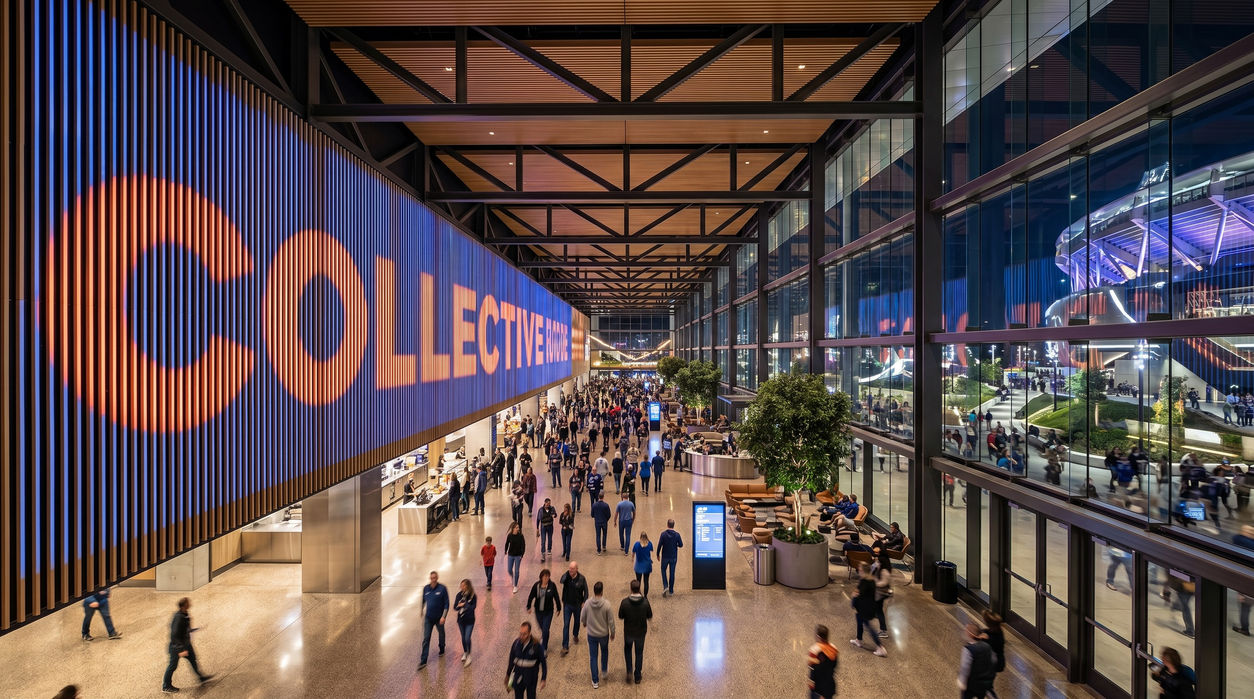 Crowded arena walkway featuring a large illuminated architectural light and media surface system with text branding.