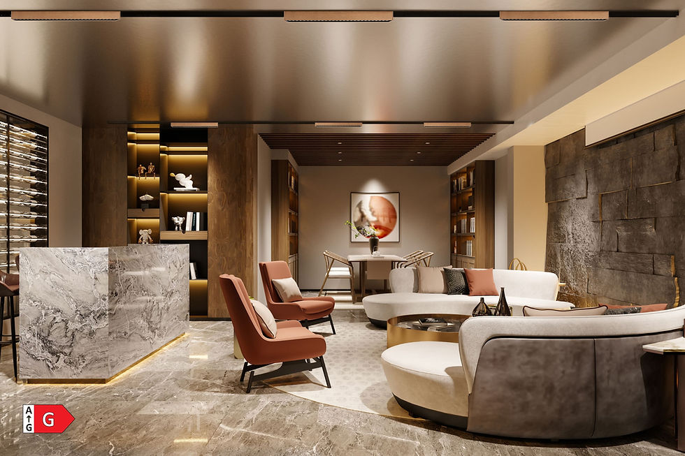 A photo-realistic interior of a modern, luxury lounge room featuring warm wood wall panels, a polished gray marble floor, and