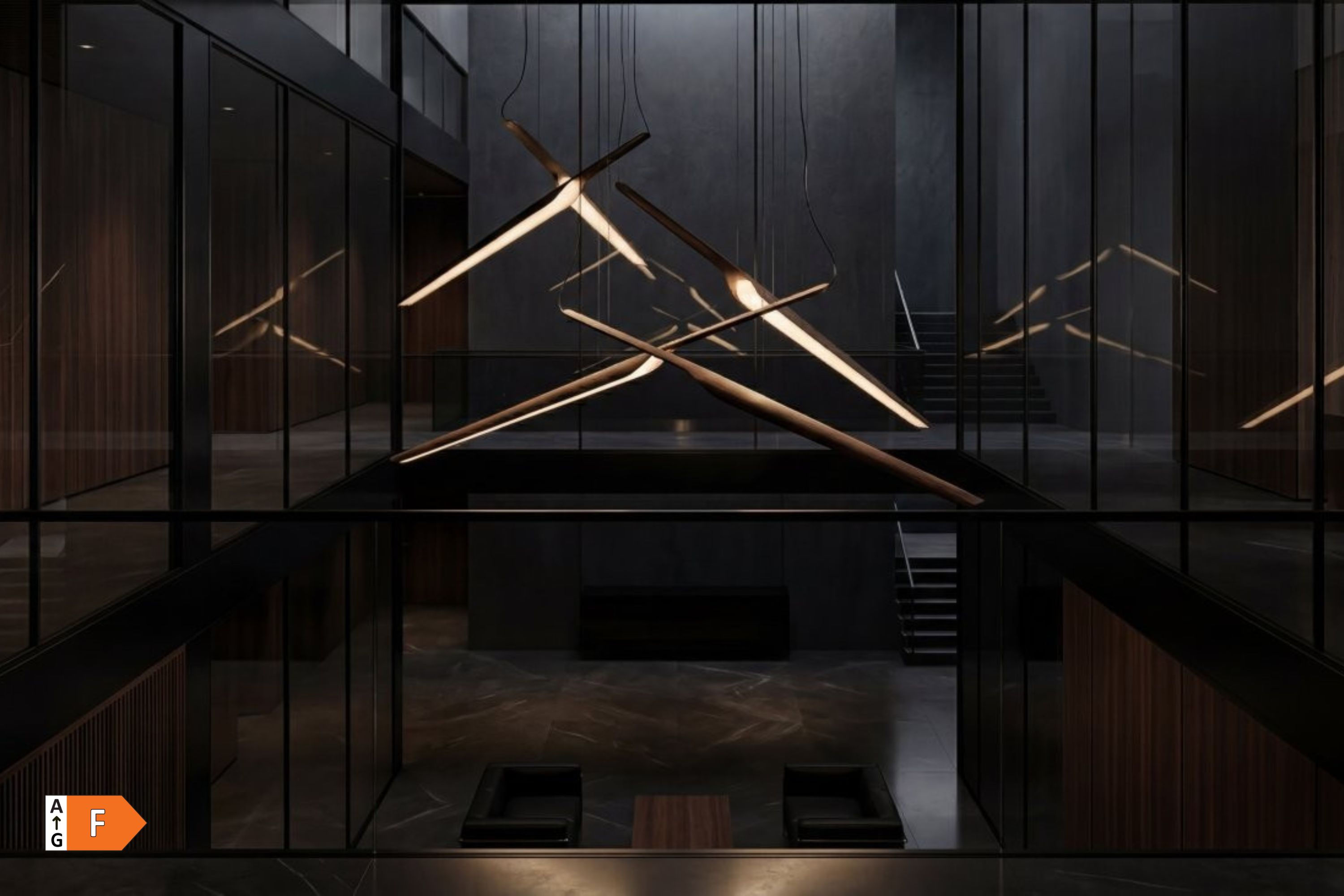 An elegant multi level atrium featuring a dramatic installation of sculptural intersecting wooden pendant lights suspended in