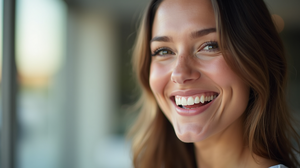 Close-up view of a smiling woman showing her bright teeth