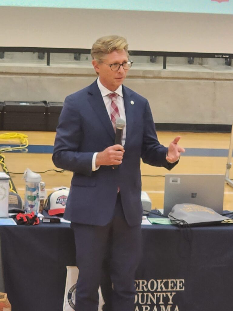 Photo of Alabama State Superintendent Dr. Eric Mackey at Richard Lindsey Arena on the Gadsden State Cherokee campus in Centre, Ala. Dr. Mackey delivered the keynote address to faculty and staff.