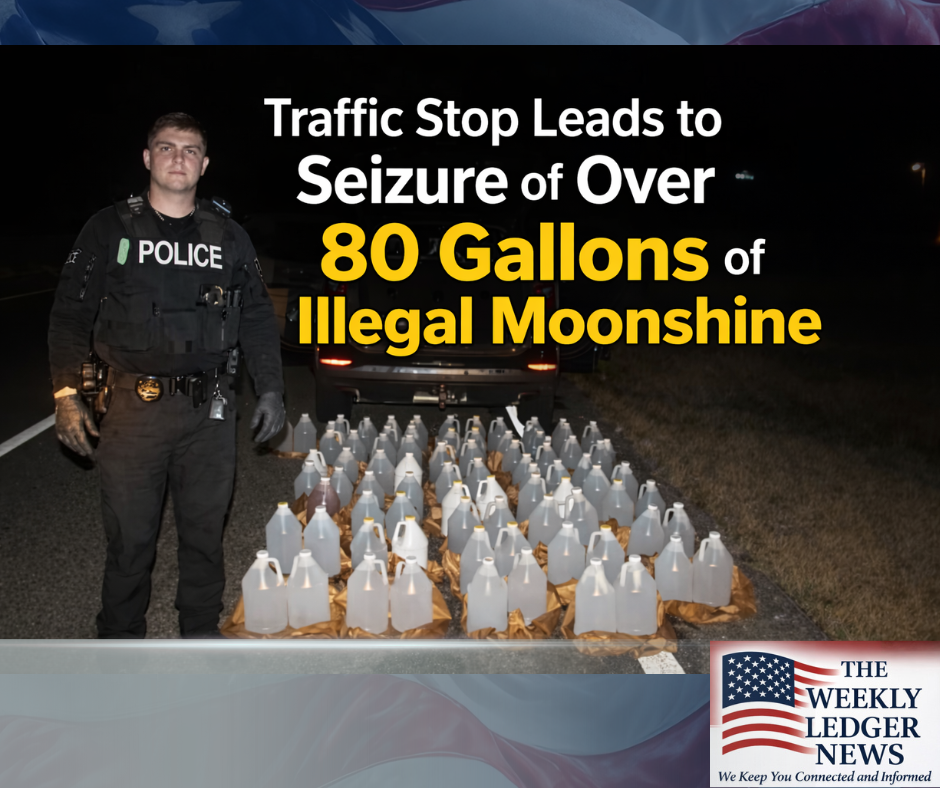 Ozark Police Officer Dylan Griffin uncovered over 80 gallons of illegally distilled moonshine during a traffic stop on Jan. 9. (Ozark Criminal Investigations Bureau)