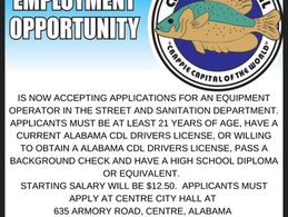 The City of Centre is Accepting Applications for Equipment Operator