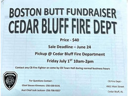 Cedar Bluff Fire Department Boston Butt Fundraiser Set for July 1st