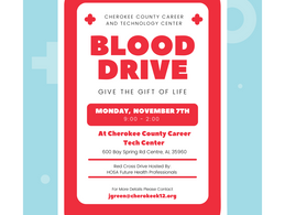 Cherokee County Career and Tech Center to Host Blood Drive Monday, Nov