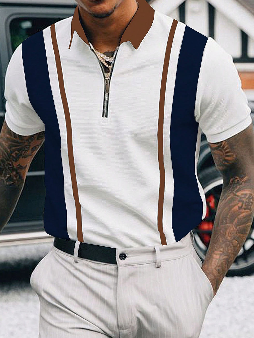 Thumbnail: Manfinity Homme Männer Polo Shirt mit Farbblock, Viertel Reißverschluss,