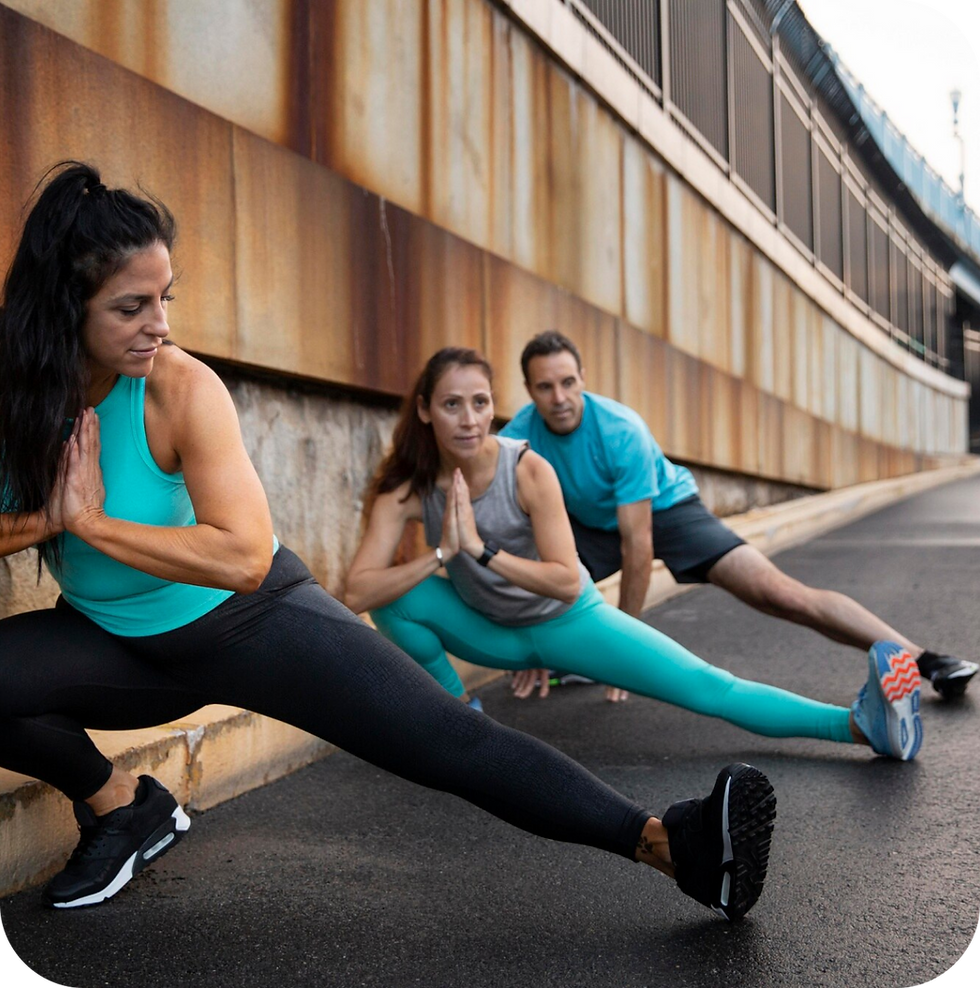 Three people stretching outdoors before workout