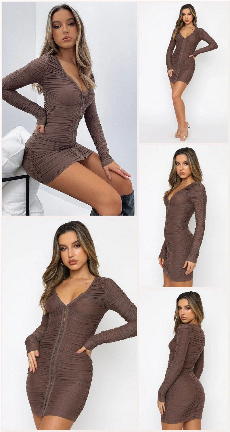 Thumbnail: Articat Mesh Double Layer Hooks Bodycon Party Dress Women V-neck Long Sleeve Se