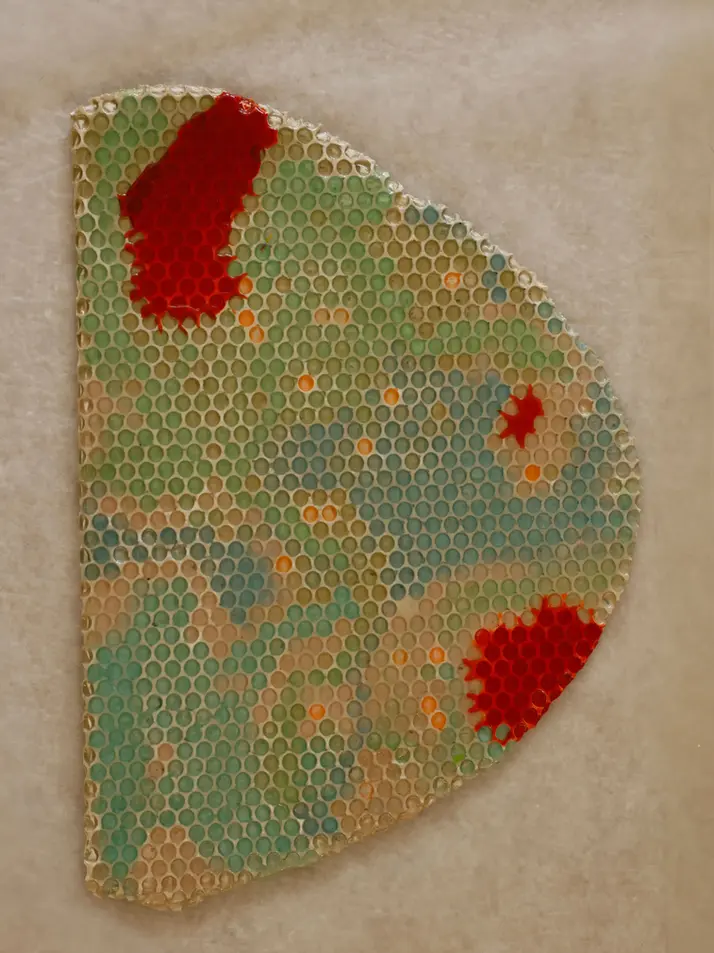Sculptural wall artwork with a honeycomb-like surface and a strong physical presence, inspired by the beauty and unity of bees. Its organic structure reflects the precision, knowledge and collective strength with which bee colonies create complex structures together.