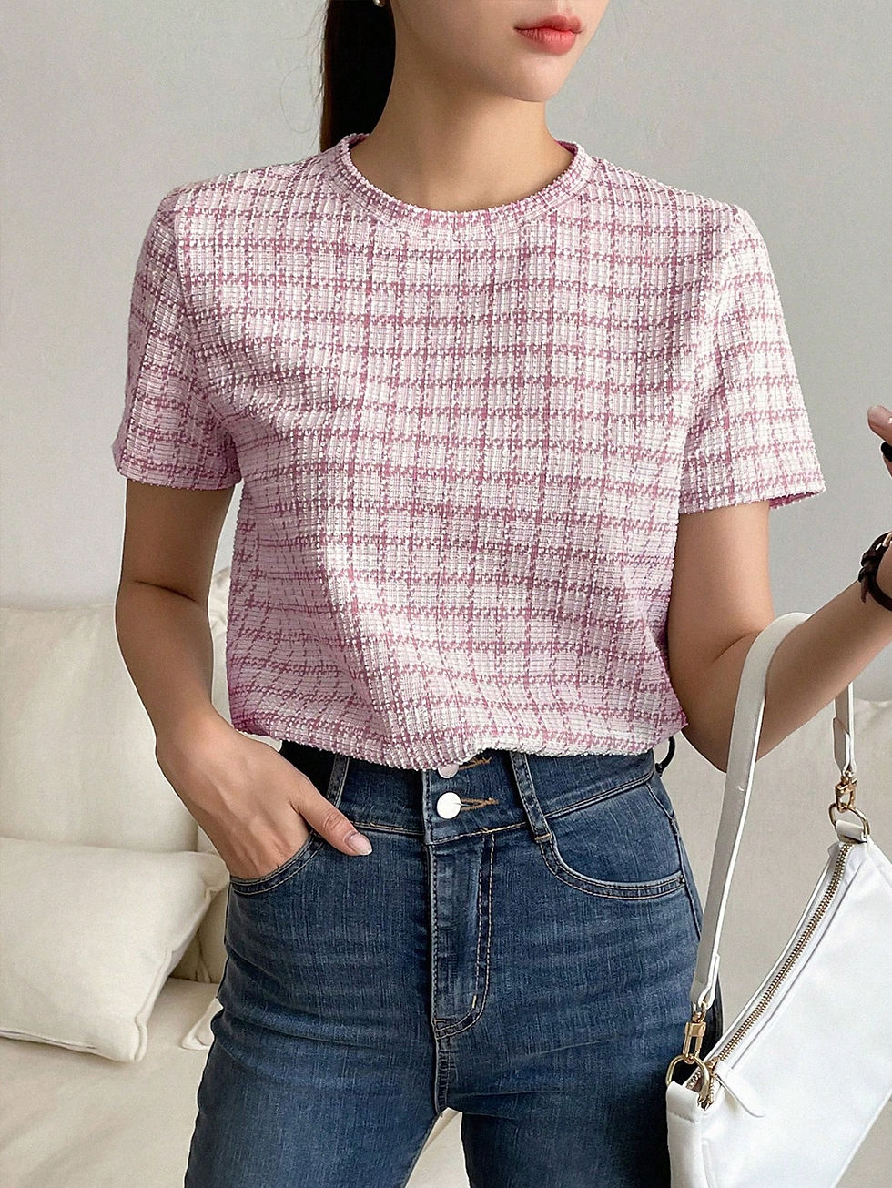 Thumbnail: DAZY Plaid Print Round Neck Tee