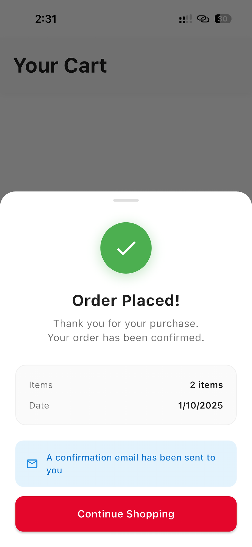 Order placed, thank you! Text: Order Placed! Continue Shopping confirmation email Shoplaty