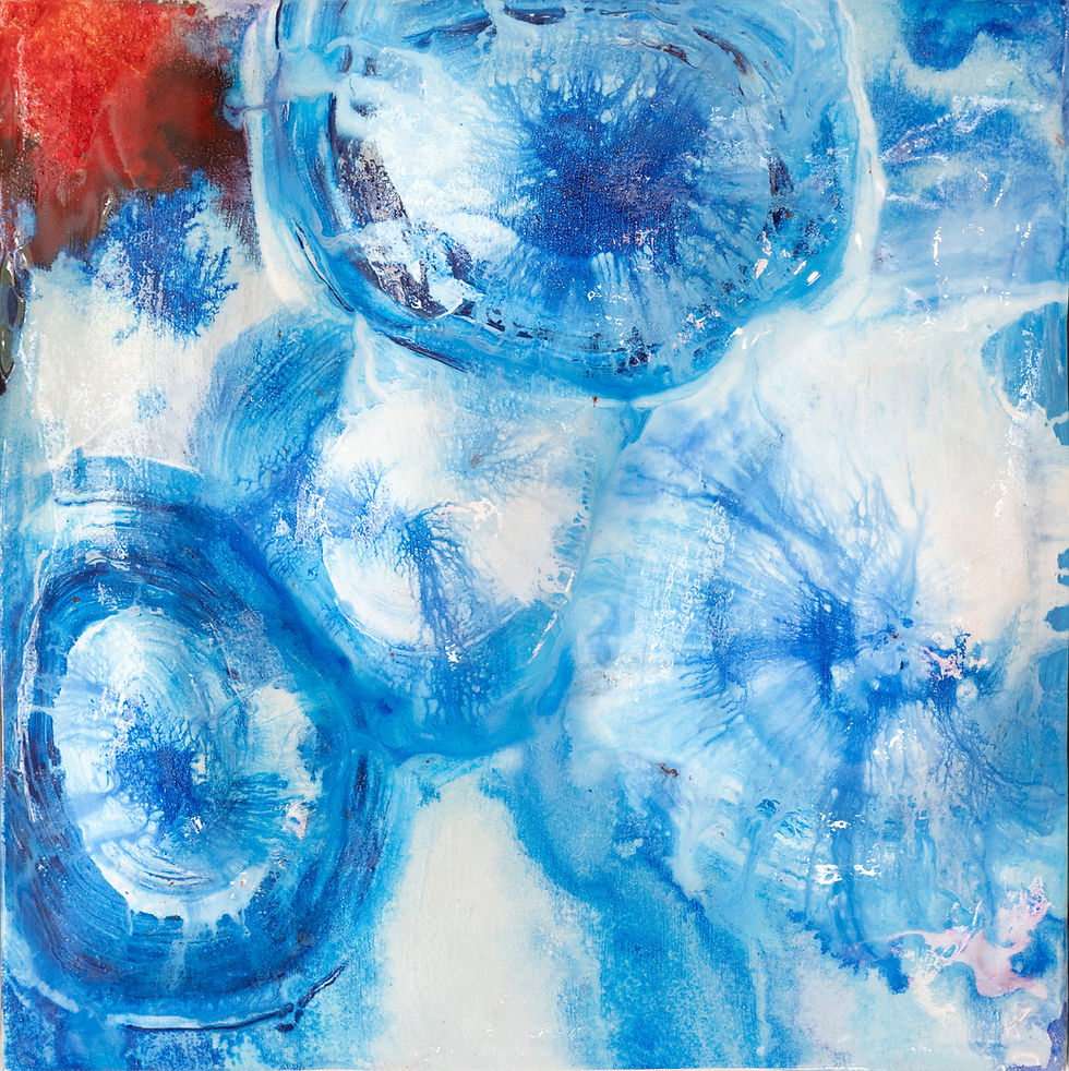Abstract mixed-media artwork created with plaster, acrylic, ink and epoxy on wood. Inspired by hidden underwater worlds, natural springs and the layered movement of water beneath the surface.