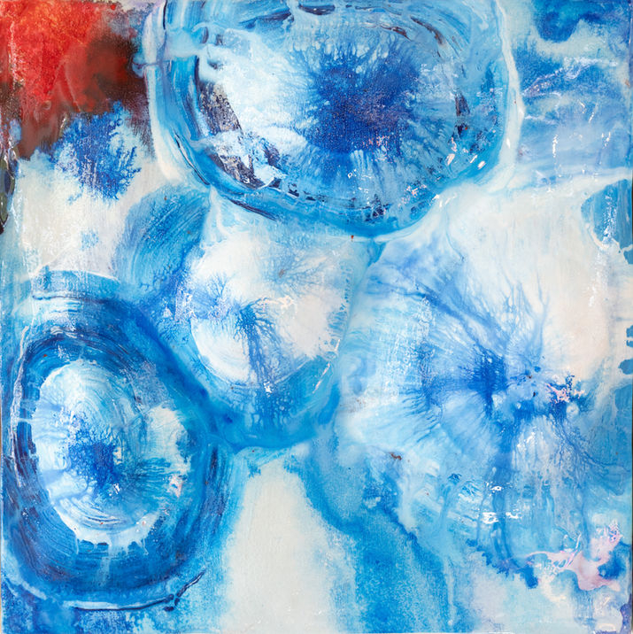 Abstract mixed-media artwork created with plaster, acrylic, ink and epoxy on wood. Inspired by hidden underwater worlds, natural springs and the layered movement of water beneath the surface.