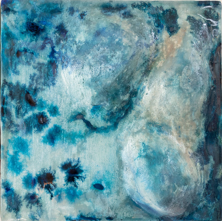 Abstract mixed-media artwork created with plaster, acrylic, ink and epoxy on wood. Inspired by coral reefs and the diverse organic structures of marine environments.