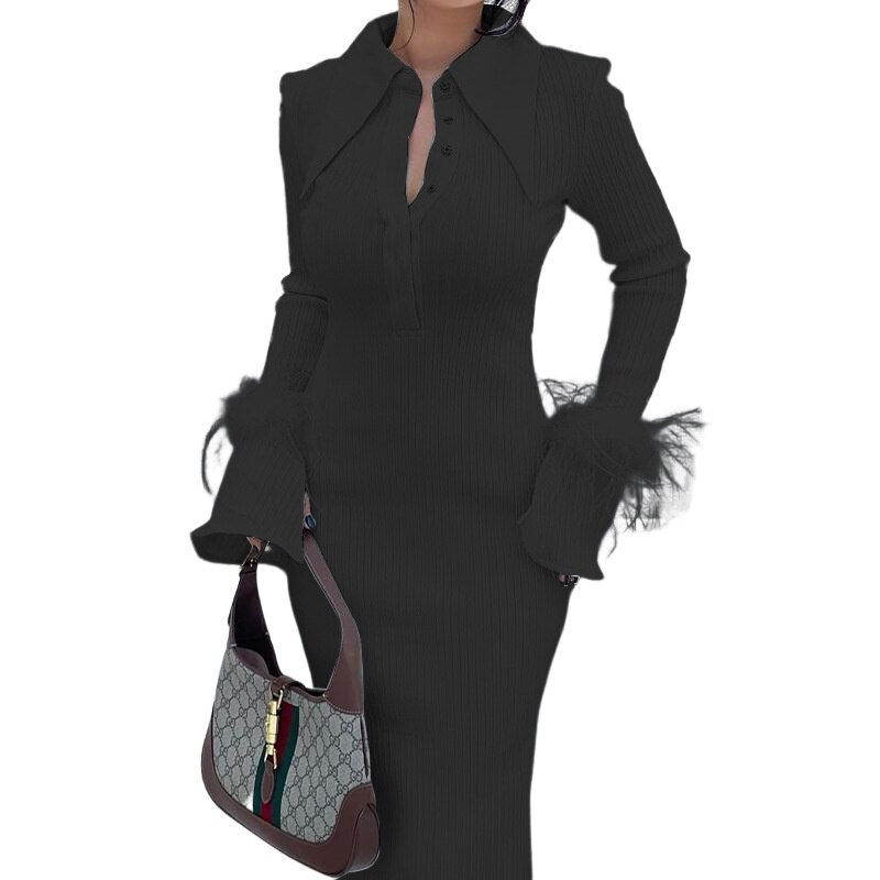 Thumbnail: Autumn & Winter New Women's Fashion Polo Neck Feather Long Pit Stripe Dress Ele