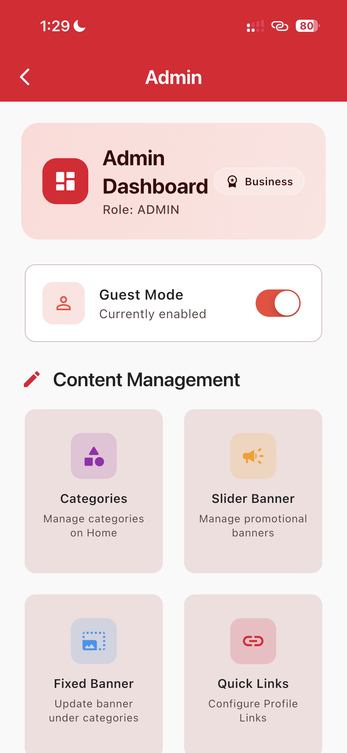 Admin Dashboard, Guest Mode, Content Management, Categories, Slider Banner, Shoplaty.