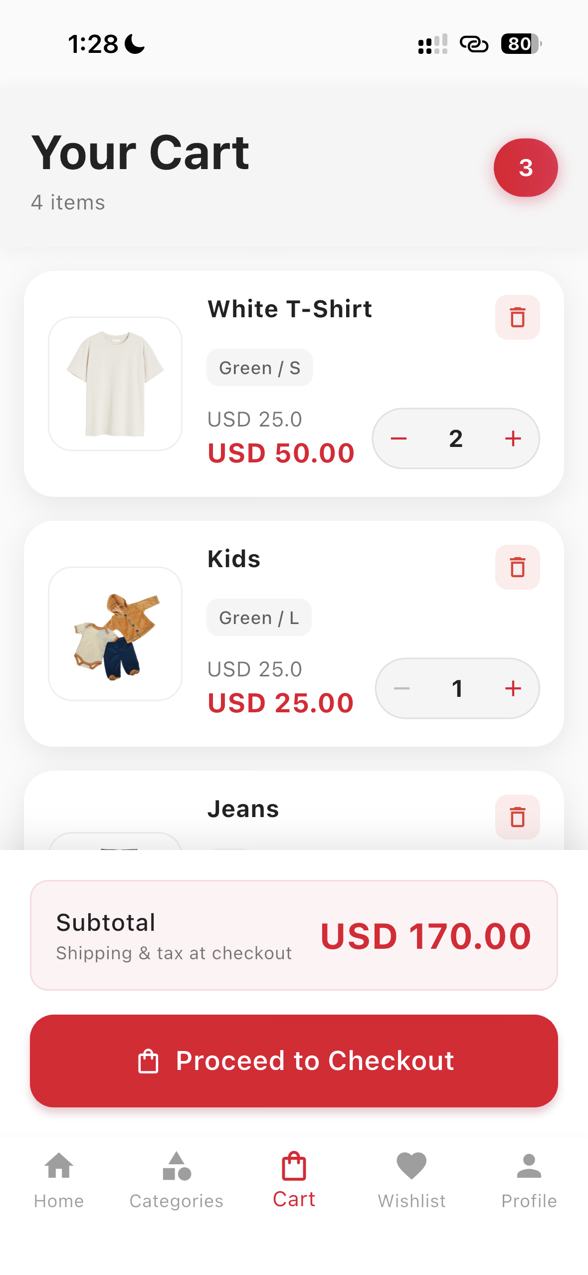 Your Cart displays items, total USD 170.00, with Proceed to Checkout button.