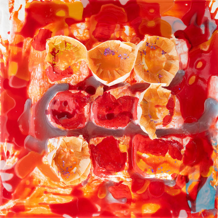 Abstract mixed-media artwork created with plaster, acrylic, ink, tape and glitter on wood, featuring a layered surface with floral forms. Inspired by blossoms, natural growth and the diversity of botanical structures.