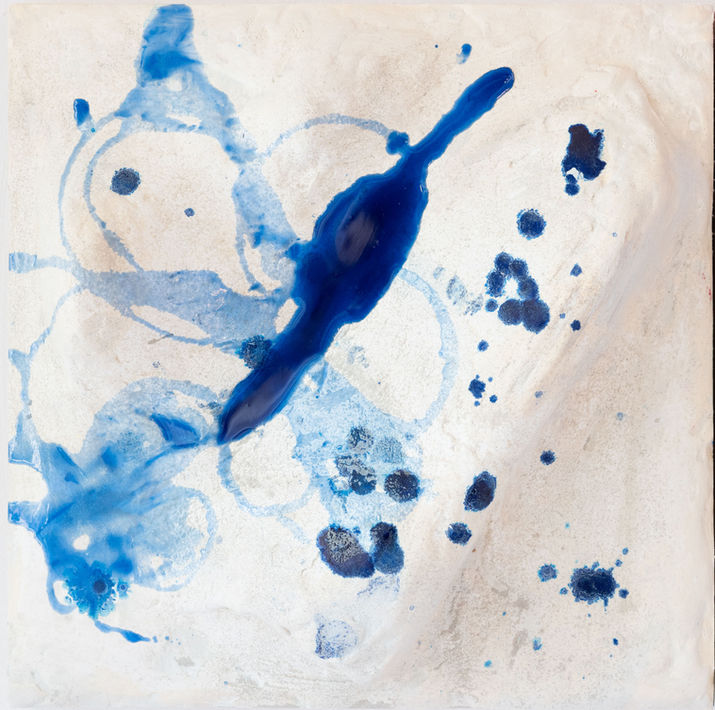 Abstract mixed-media artwork created with plaster, acrylic, ink and epoxy on wood in layered shades of blue and white. Inspired by natural springs, reflections of light and the depth of freshwater landscapes.