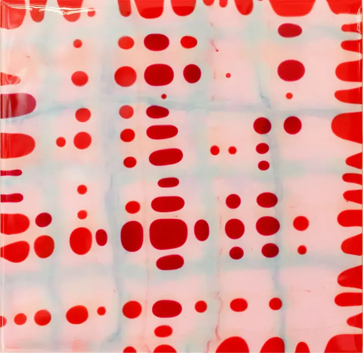 Abstract red dot pattern on white grid background