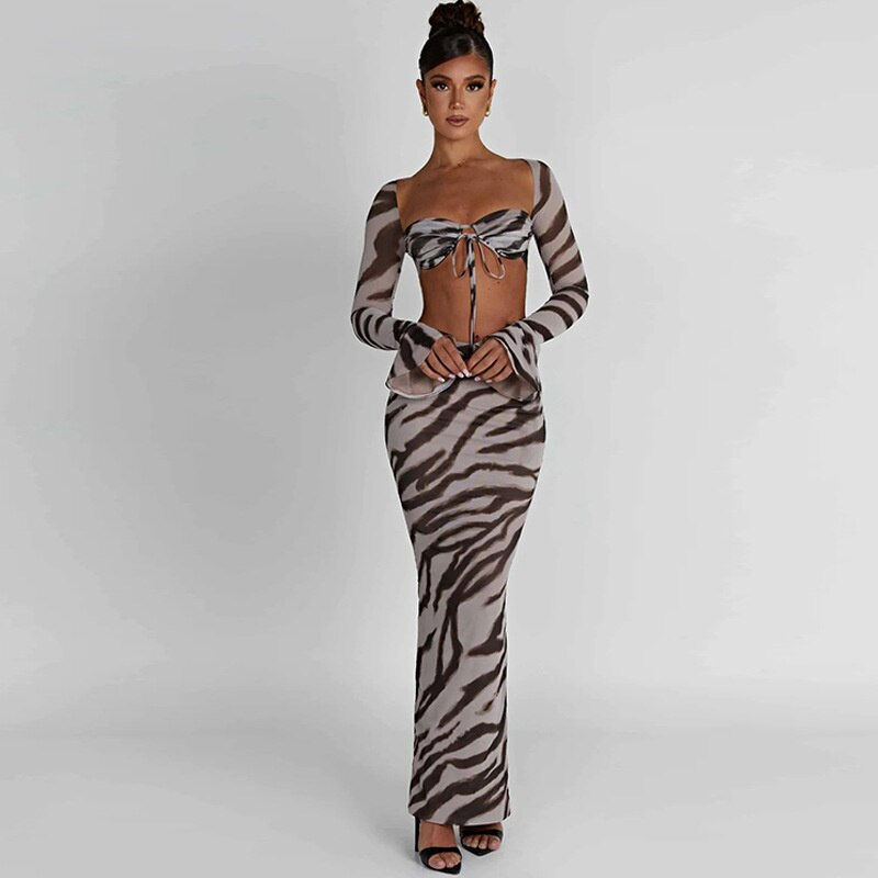 Thumbnail:  Printed Sexy Women's Bra Long Sleeve Top Slim Fit Half Skirt Set Zebra Stripe 