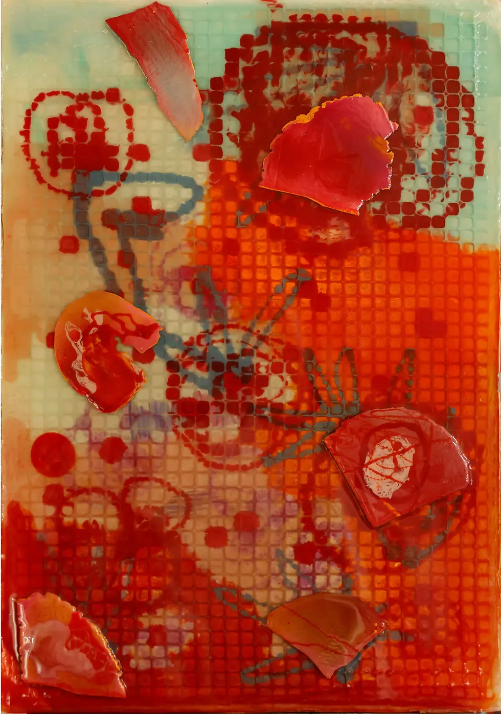 Abstract mixed media art in vibrant red and orange hues