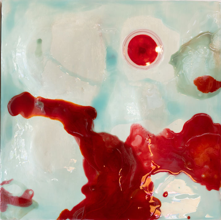 Abstract mixed-media artwork created with plaster, acrylic, ink and epoxy on wood. Inspired by transitions between geological formations, erosion and organic growth processes.