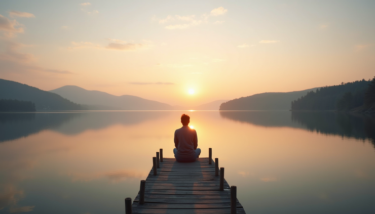 Eye-level view of a sunrise over a quiet lake with a single person sitting on a dock