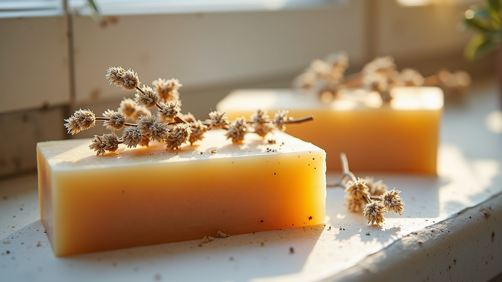 Eye-level view of natural soap bars with dried flowers