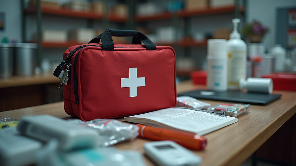 Eye-level view of a well-stocked emergency kit on a table