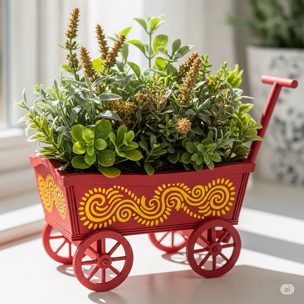 Decorative red wagon centerpiece with faux herb garden and yellow design