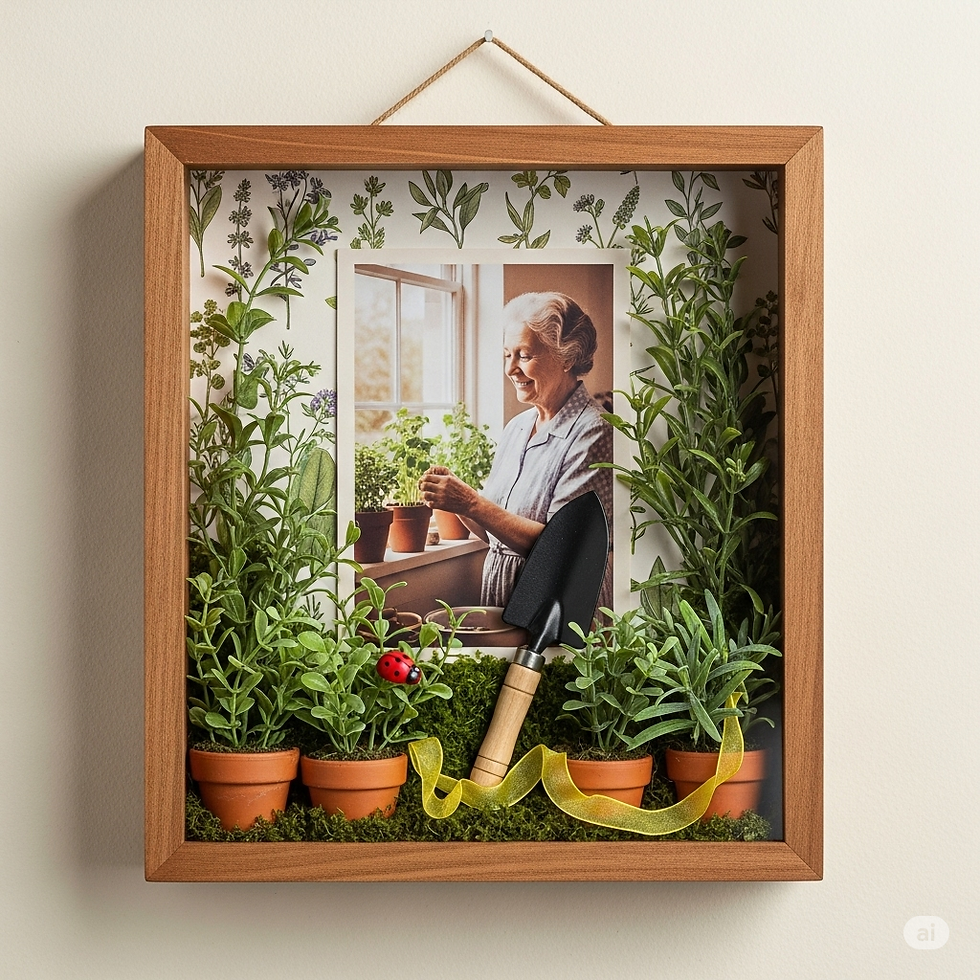 Memory shadow box with vintage photo of grandmother, faux herbs, and red and yellow accents