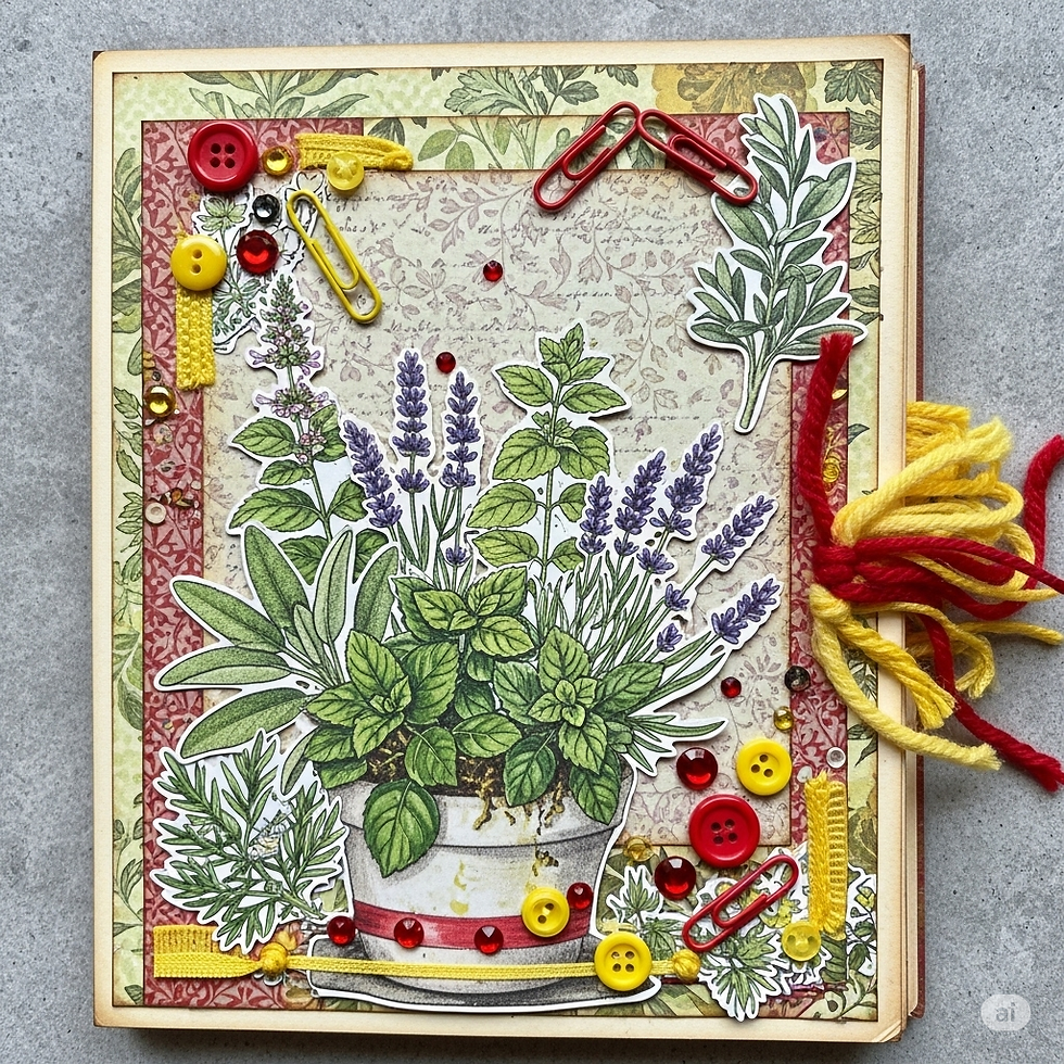Junk journal page with herb garden theme and red and yellow embellishments