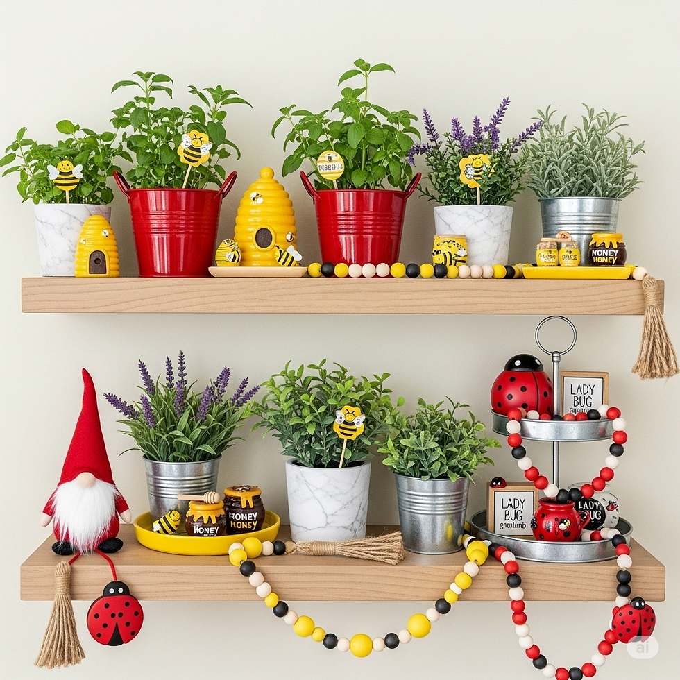 Red and yellow herb garden wall shelves display with honeybees, ladybugs, and gnome.